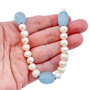 Vintage Sterling Silver 925 Pearl Milky Aquamarine Necklace 18"-20.5"